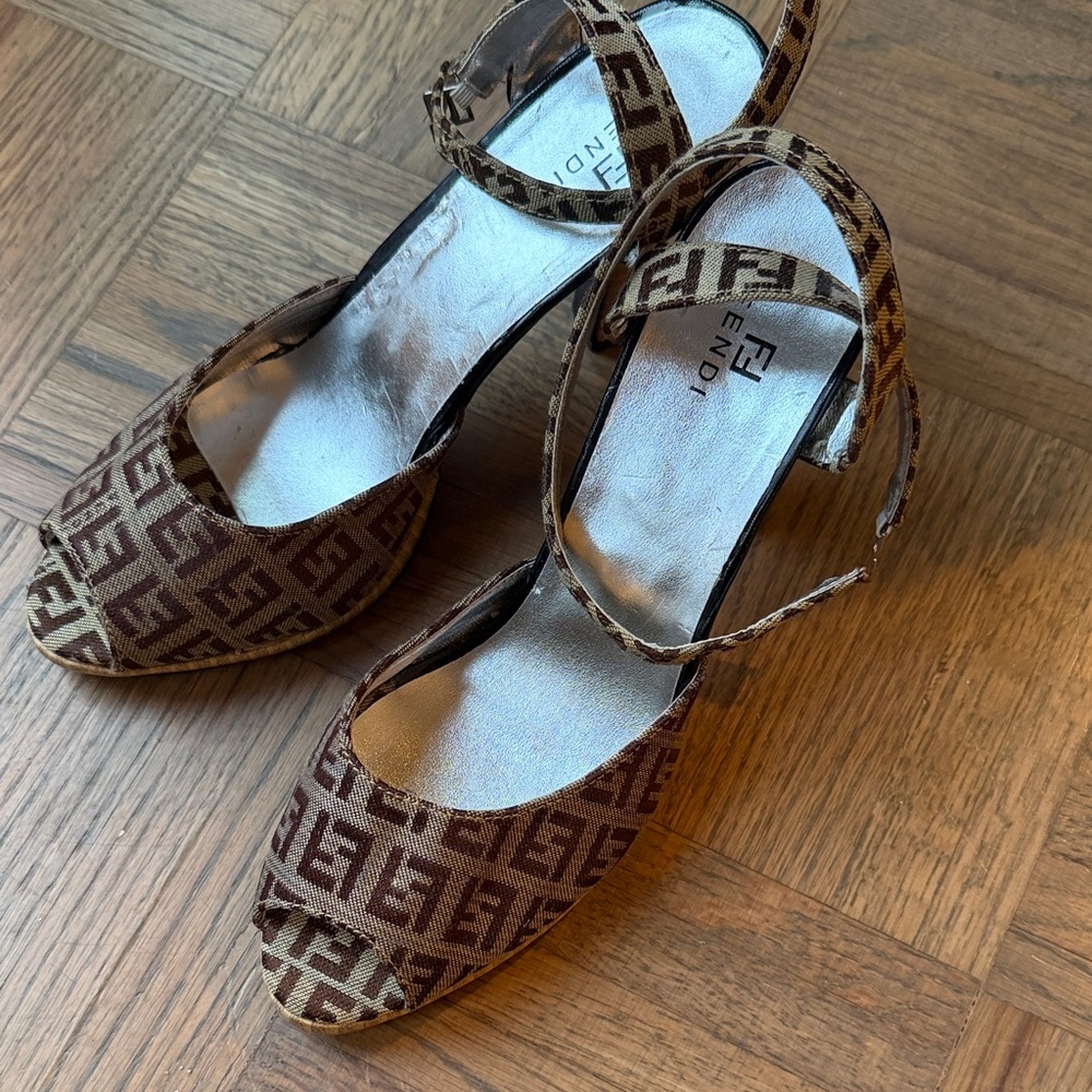 Women's Brown and Gold monogrammed  Strappy Heels